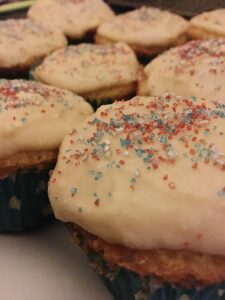 Super Bowl Sam 76 cupcakes decorated Red White and Blue for the Patriots. Go Pats!