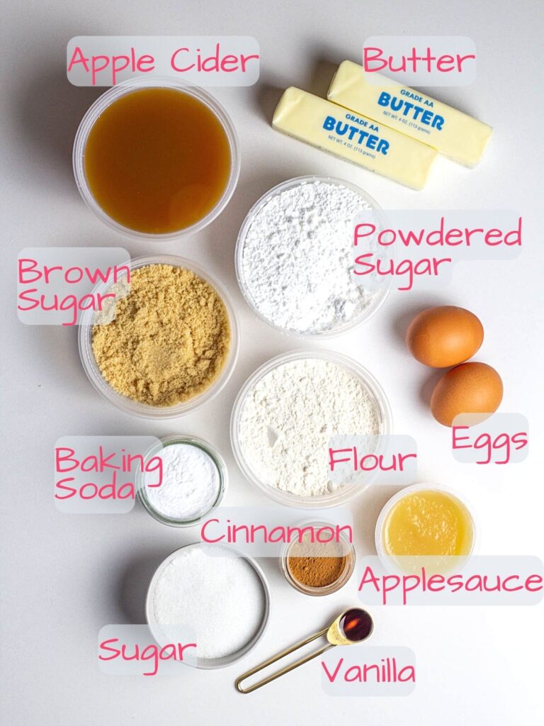 Ingredients needed for apple cider cupcakes with cinnamon brown sugar frosting.