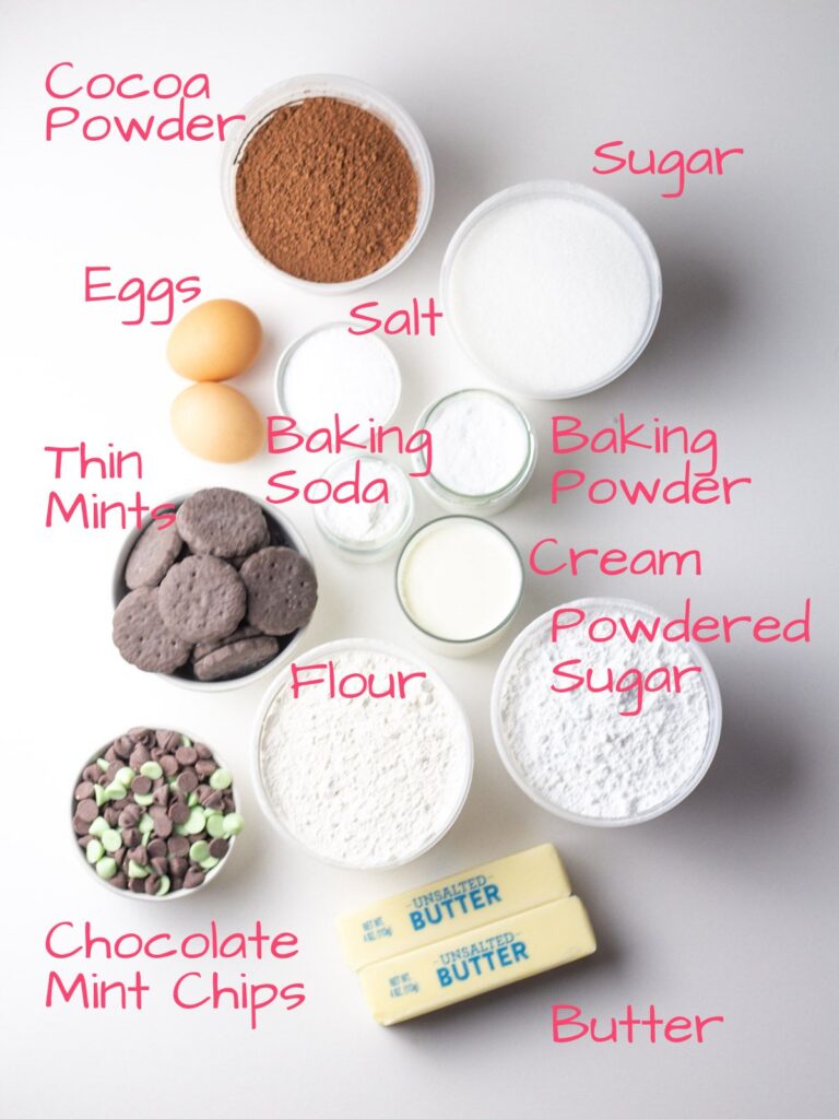 Ingredients needed to make chocolate mint cupcakes.