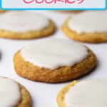 Pinterest pin of iced beer cookies sitting on a white surface.