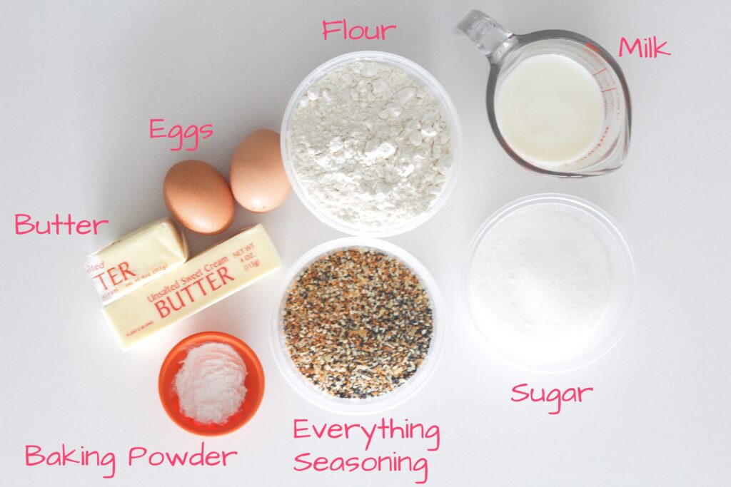 The ingredients needed to make Everything Muffins.