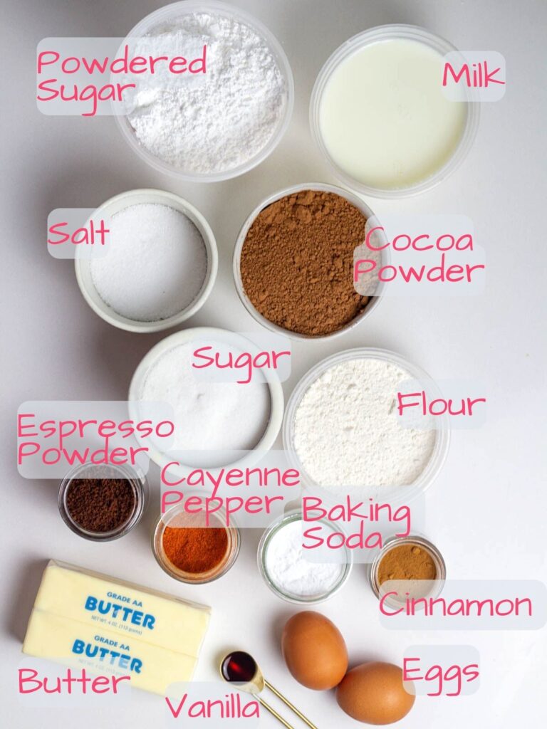 Ingredients needed to make spicy chocolate cake.