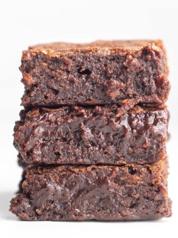 A perfect stack of three fudgy Red Wine Brownies.