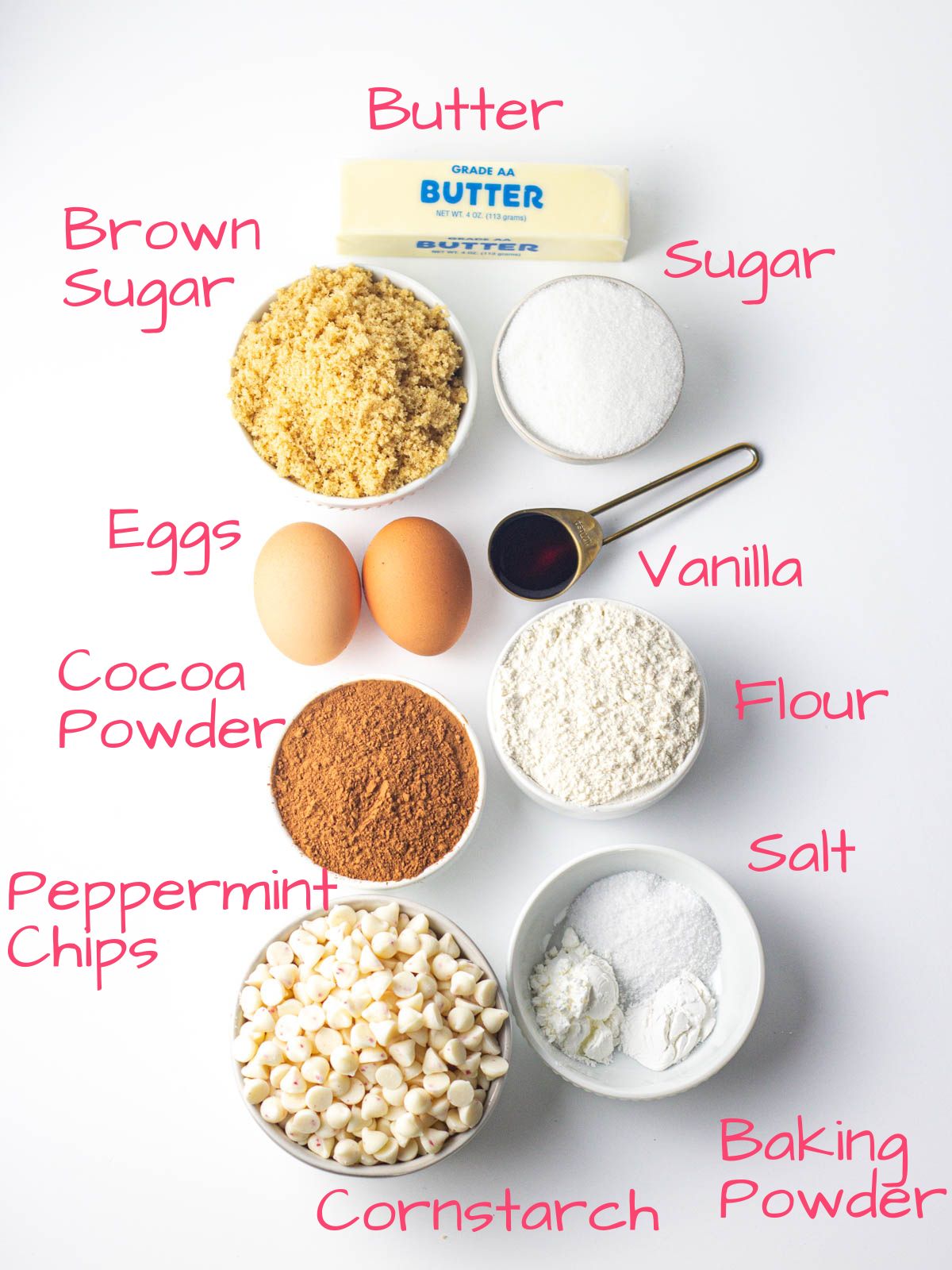 Ingredients needed to make Chocolate Peppermint Cookies.