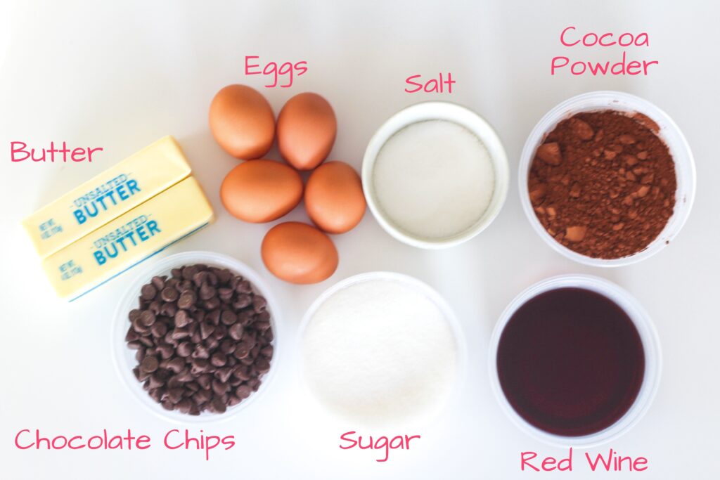 ingredients for red wine flourless chocolate cake.