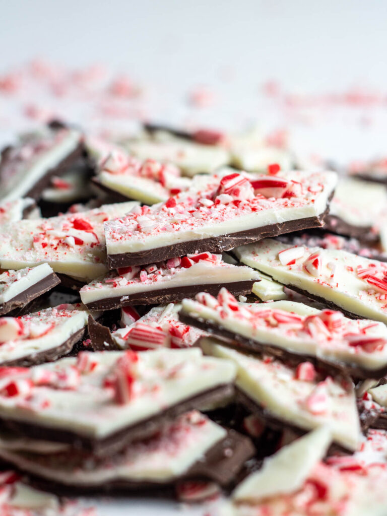 A pile of salted peppermint bark showing off the layers.