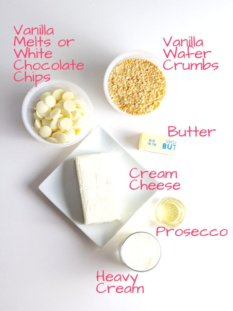 Ingredients needed for no-bake prosecco cheesecakes.