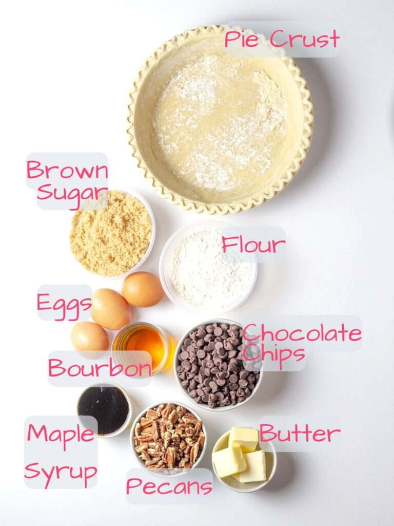 Ingredients needed for Maple Bourbon Chocolate Pecan Pie.