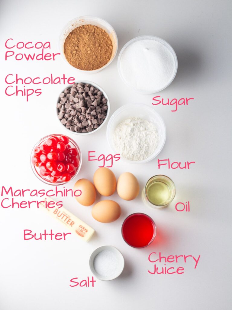 Ingredients needed to make Extra Fudgy Double Chocolate Cherry Brownies.