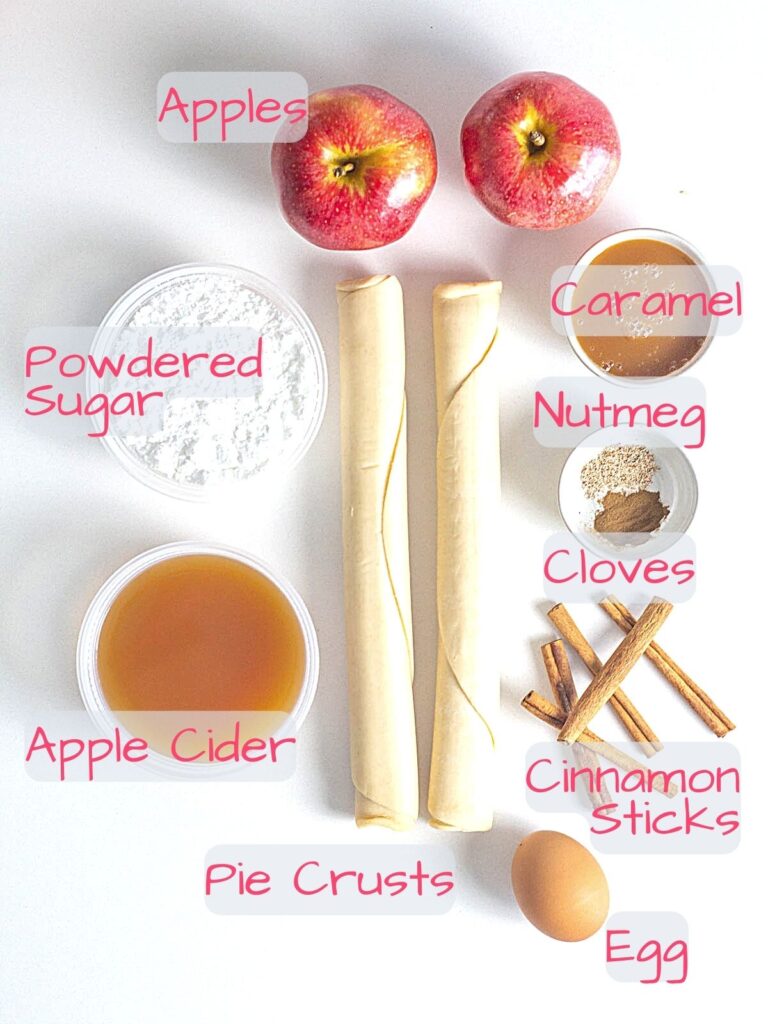Ingredients needed for homemade apple pop tarts with caramel apple cider glaze.