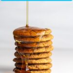 A Pinterest pin of a stack of french toast cookies with maple syrup drizzling on to the stack.