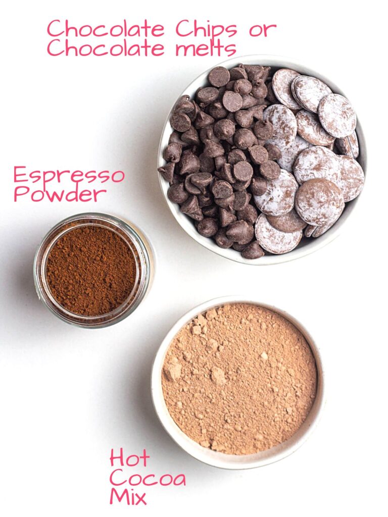Ingredients needed to make mocha hot chocolate bombs.