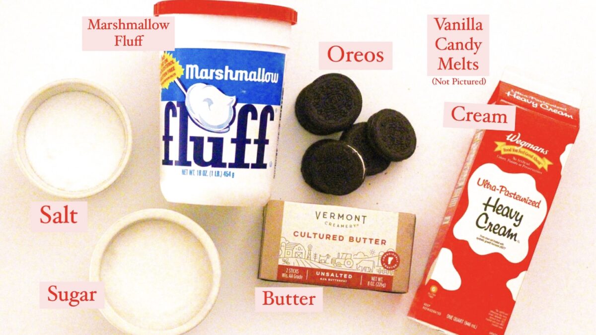 Photo of the ingredients in this recipe, each labeled with red text and a pink background.