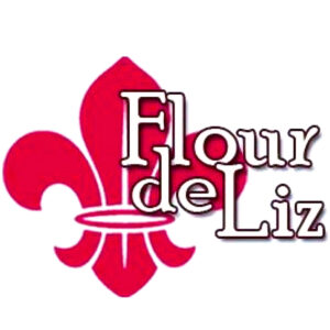 A pink Fleur de Lis with the words Flour de Liz in white.