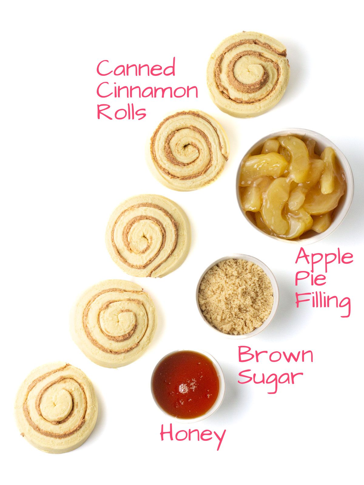 Ingredients needed to make cinnamon rolls with apple pie filling.