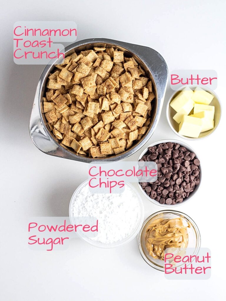Ingredients needed for Cinnamon Toast Crunch Puppy Chow.
