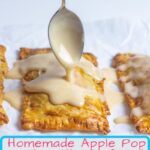 Pin for Pinterest with spoon drizzling caramel apple cider glaze on to apple pop tarts.