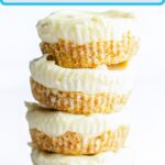 A pin for Pinterest of a side view of a stack of four prosecco cheesecakes.