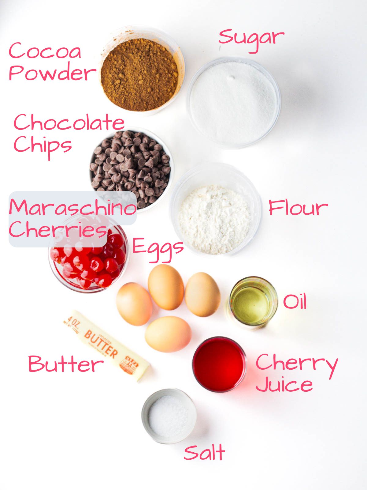 Ingredients needed to make chocolate cherry brownies.