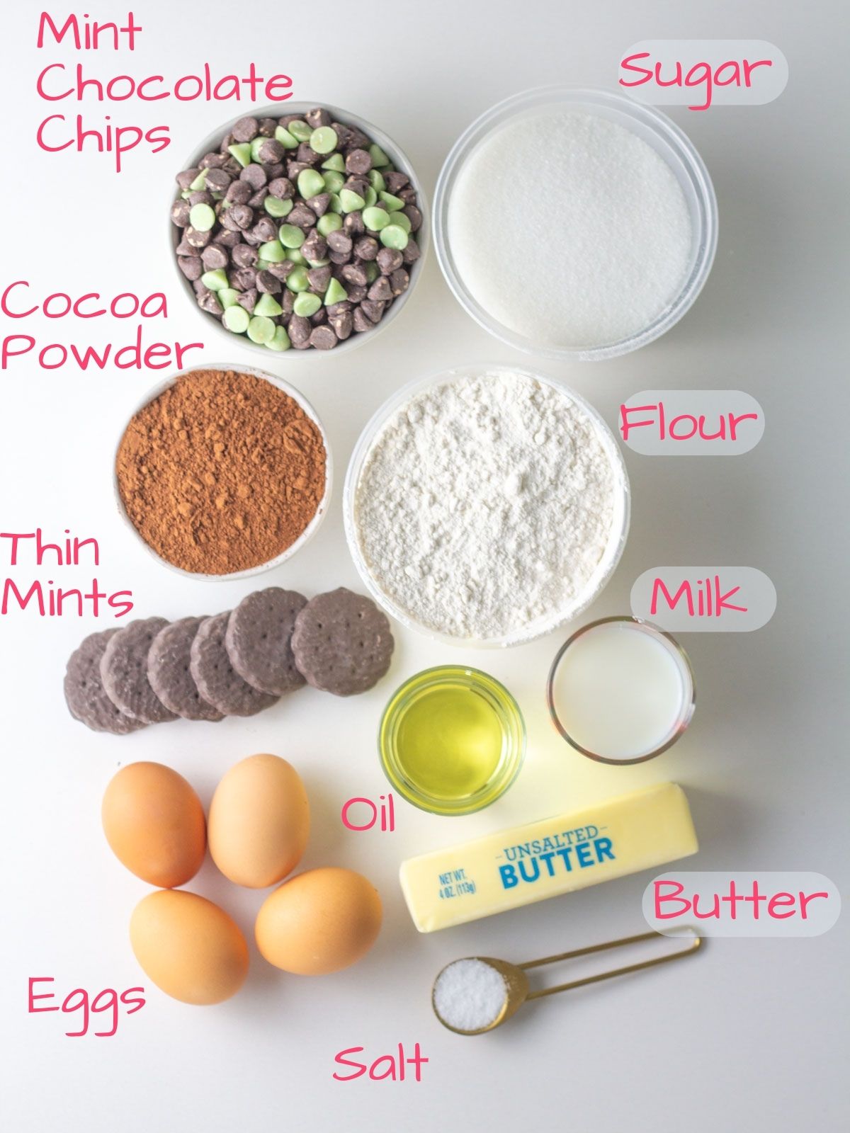 Ingredients needed to make chocolate thin mint brownies.