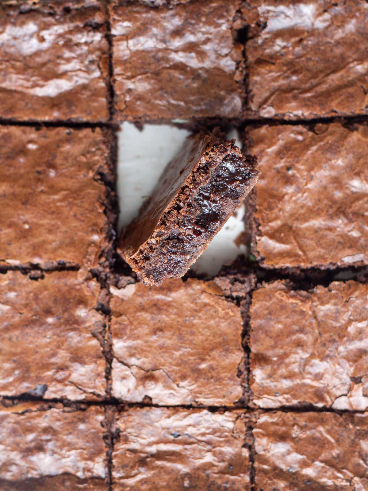 A batch of Chocolate Mint Brownies cut into squares with one brownie on its side.