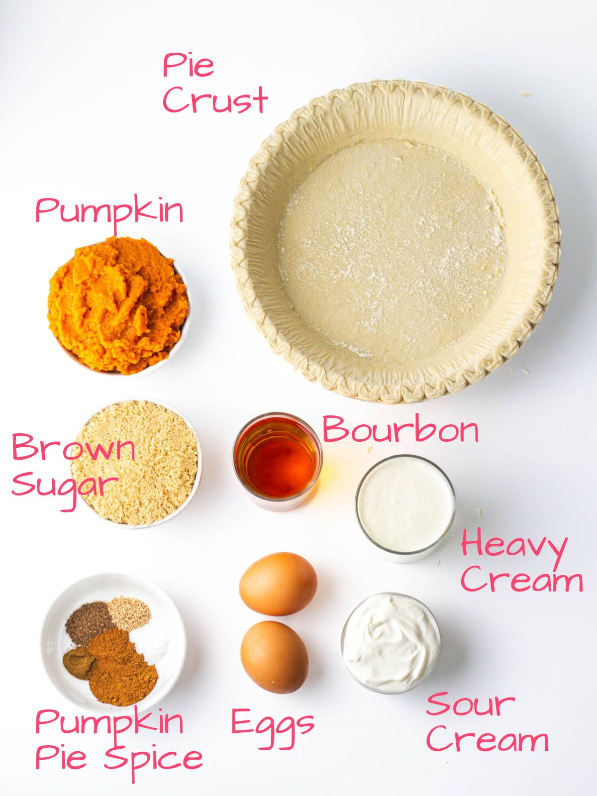 Ingredients needed to make Bourbon Pumpkin Pie.