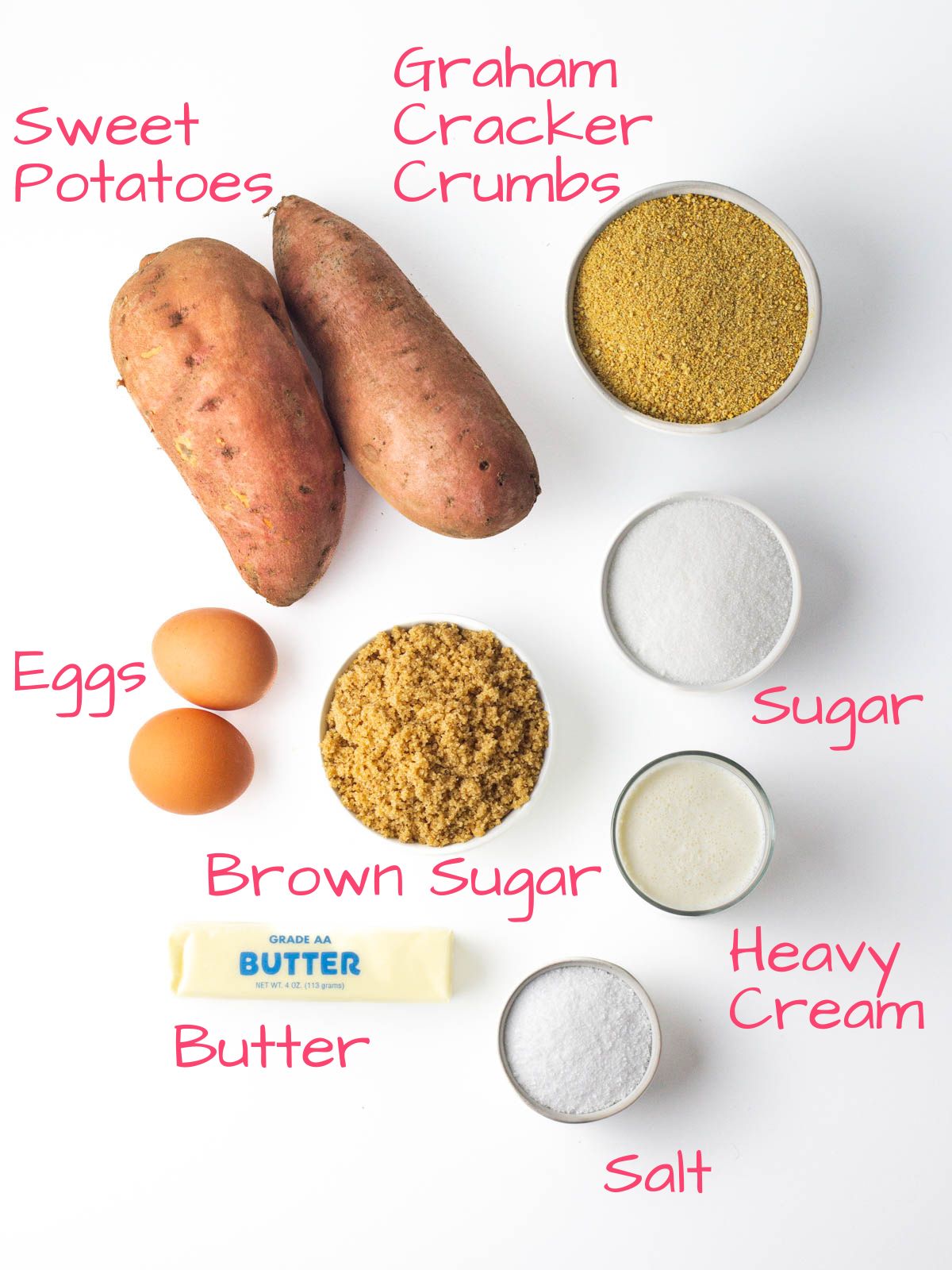 Ingredients needed to make sweet potato pie with graham cracker crust.