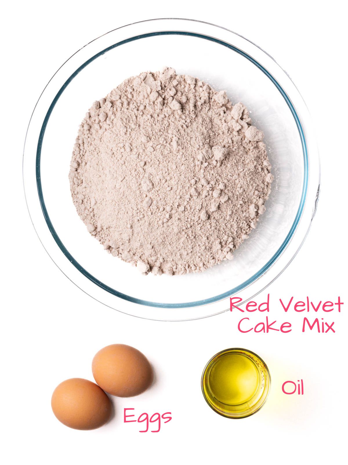 Ingredients needed to make red velvet cake mix cookies.