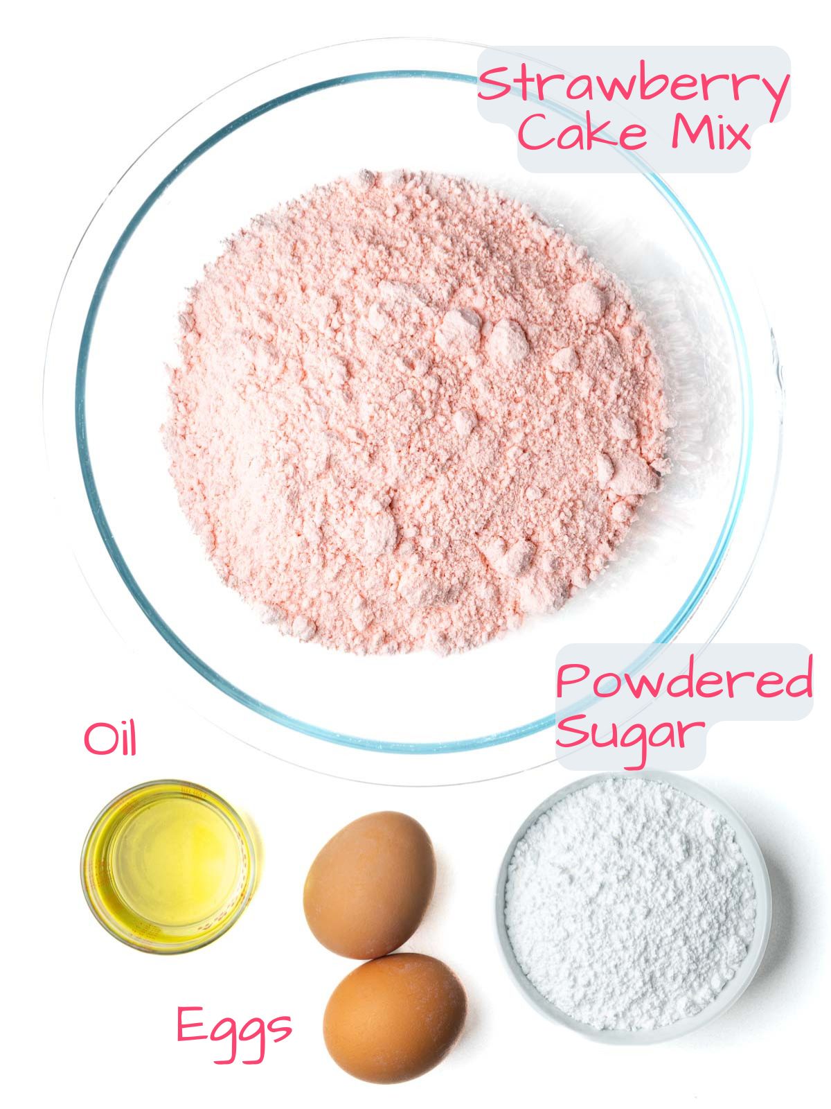 Ingredients needed to make strawberry cake mix cookies.