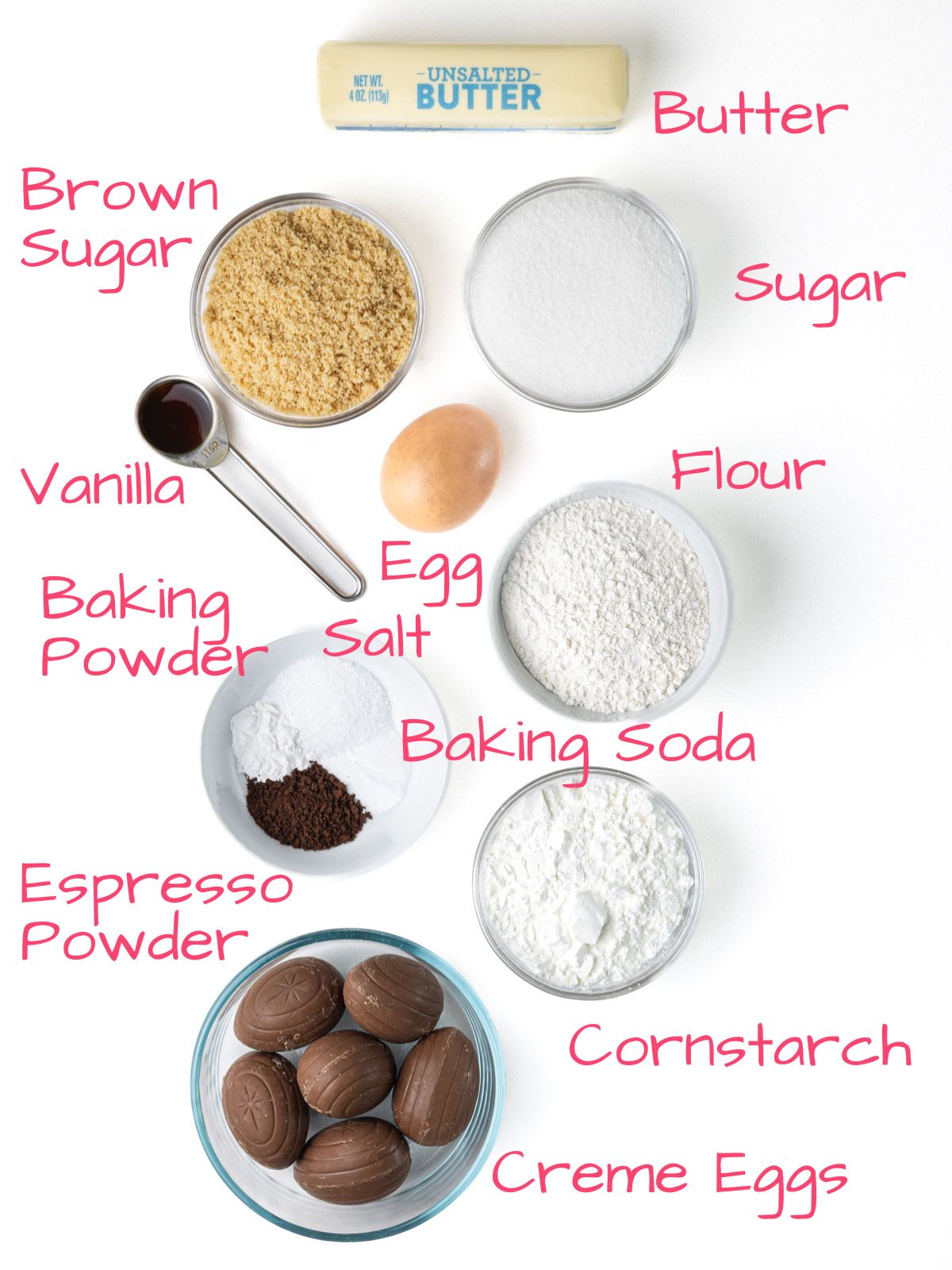 Ingredients needed to make Creme Egg Cookies.