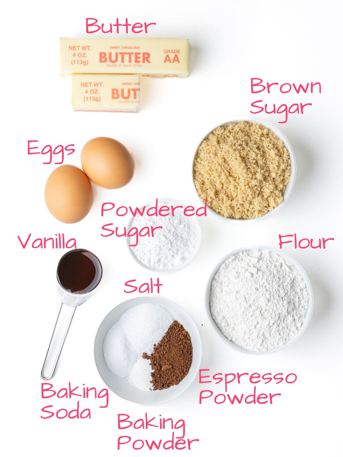 Ingredients needed to make Chocolate Chipless Cookies.